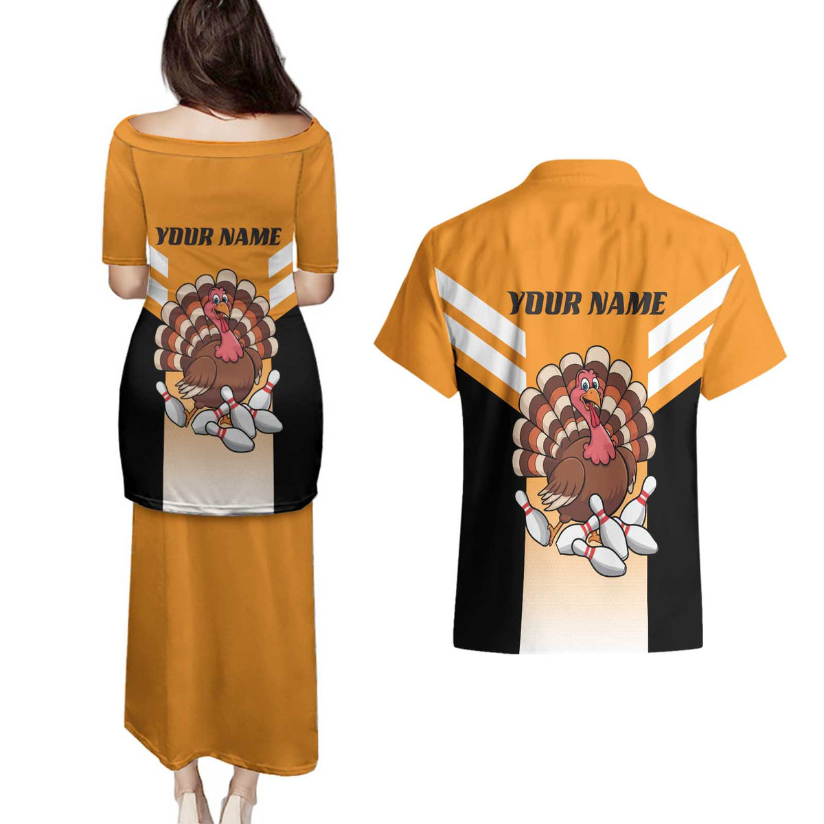 Personalized Funny Turkey Bowling Couples Matching Puletasi and Hawaiian Shirt with Cartoon Pins Thanksgiving - Wonder Print Shop