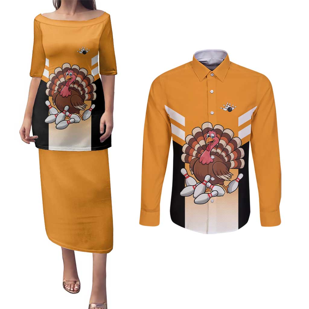 Personalized Funny Turkey Bowling Couples Matching Puletasi and Long Sleeve Button Shirt with Cartoon Pins Thanksgiving - Wonder Print Shop