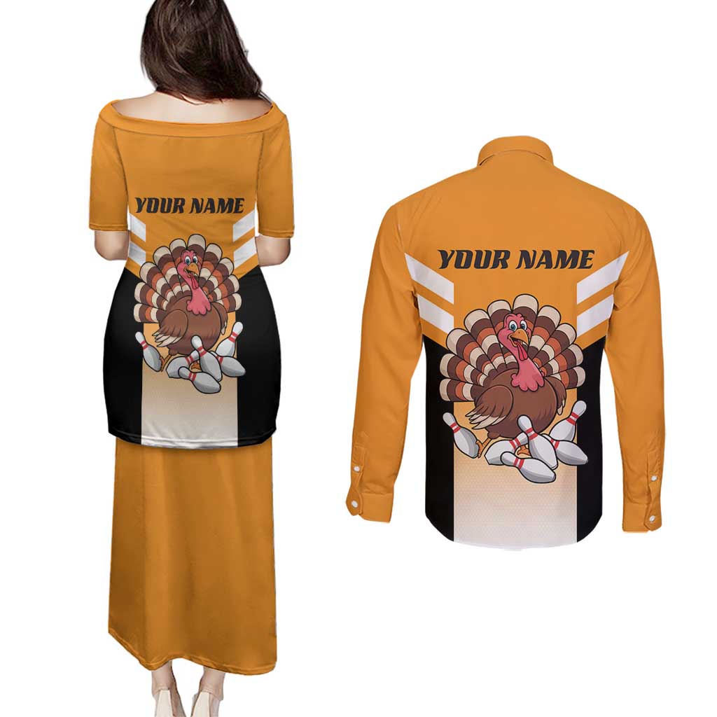 Personalized Funny Turkey Bowling Couples Matching Puletasi and Long Sleeve Button Shirt with Cartoon Pins Thanksgiving - Wonder Print Shop