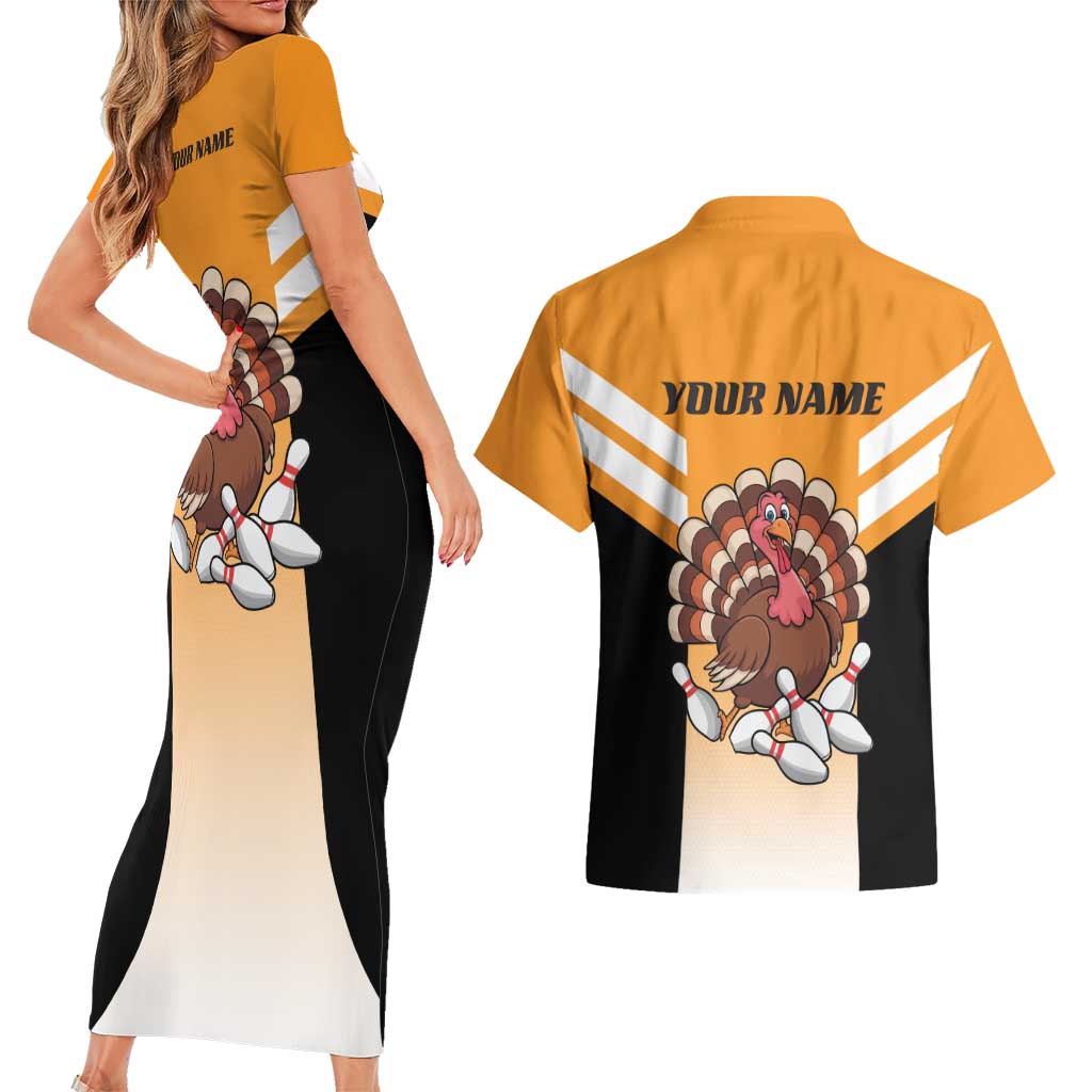 Personalized Funny Turkey Bowling Couples Matching Short Sleeve Bodycon Dress and Hawaiian Shirt with Cartoon Pins Thanksgiving - Wonder Print Shop