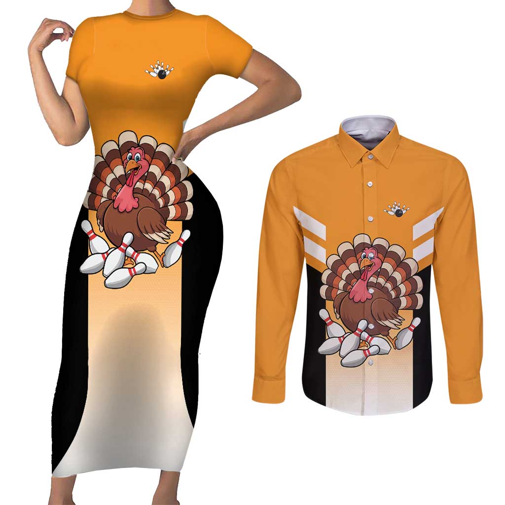 Personalized Funny Turkey Bowling Couples Matching Short Sleeve Bodycon Dress and Long Sleeve Button Shirt with Cartoon Pins Thanksgiving - Wonder Print Shop