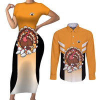 Personalized Funny Turkey Bowling Couples Matching Short Sleeve Bodycon Dress and Long Sleeve Button Shirt with Cartoon Pins Thanksgiving - Wonder Print Shop