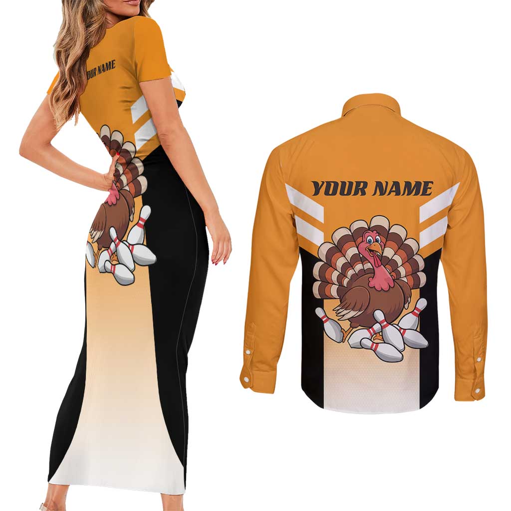 Personalized Funny Turkey Bowling Couples Matching Short Sleeve Bodycon Dress and Long Sleeve Button Shirt with Cartoon Pins Thanksgiving - Wonder Print Shop