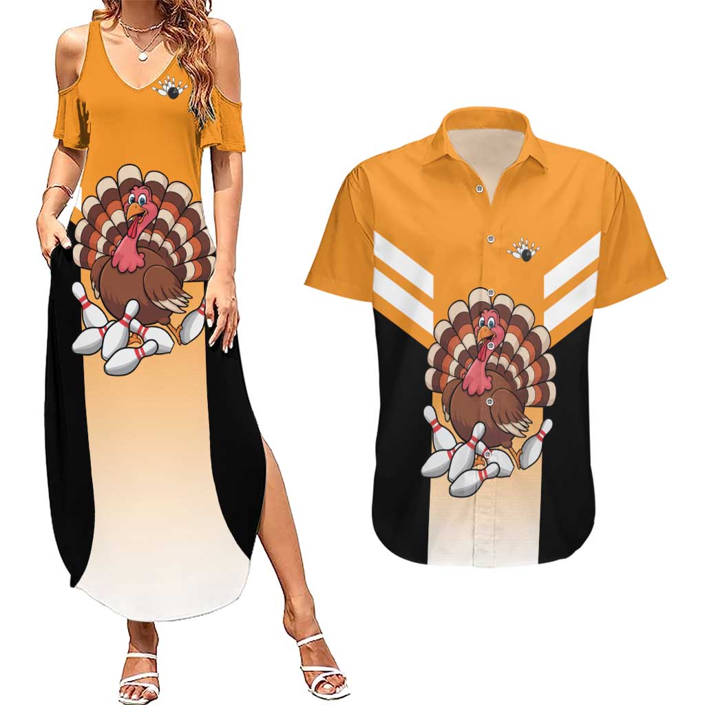 Personalized Funny Turkey Bowling Couples Matching Summer Maxi Dress and Hawaiian Shirt with Cartoon Pins Thanksgiving - Wonder Print Shop