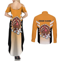 Personalized Funny Turkey Bowling Couples Matching Summer Maxi Dress and Long Sleeve Button Shirt with Cartoon Pins Thanksgiving - Wonder Print Shop