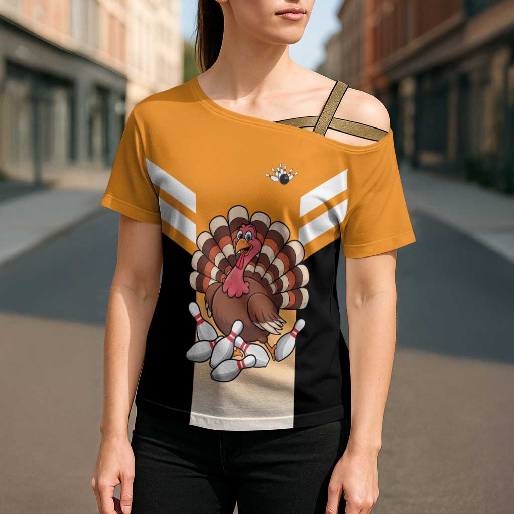 Personalized Funny Turkey Bowling Cross Shoulder Shirt with Cartoon Pins Thanksgiving - Wonder Print Shop
