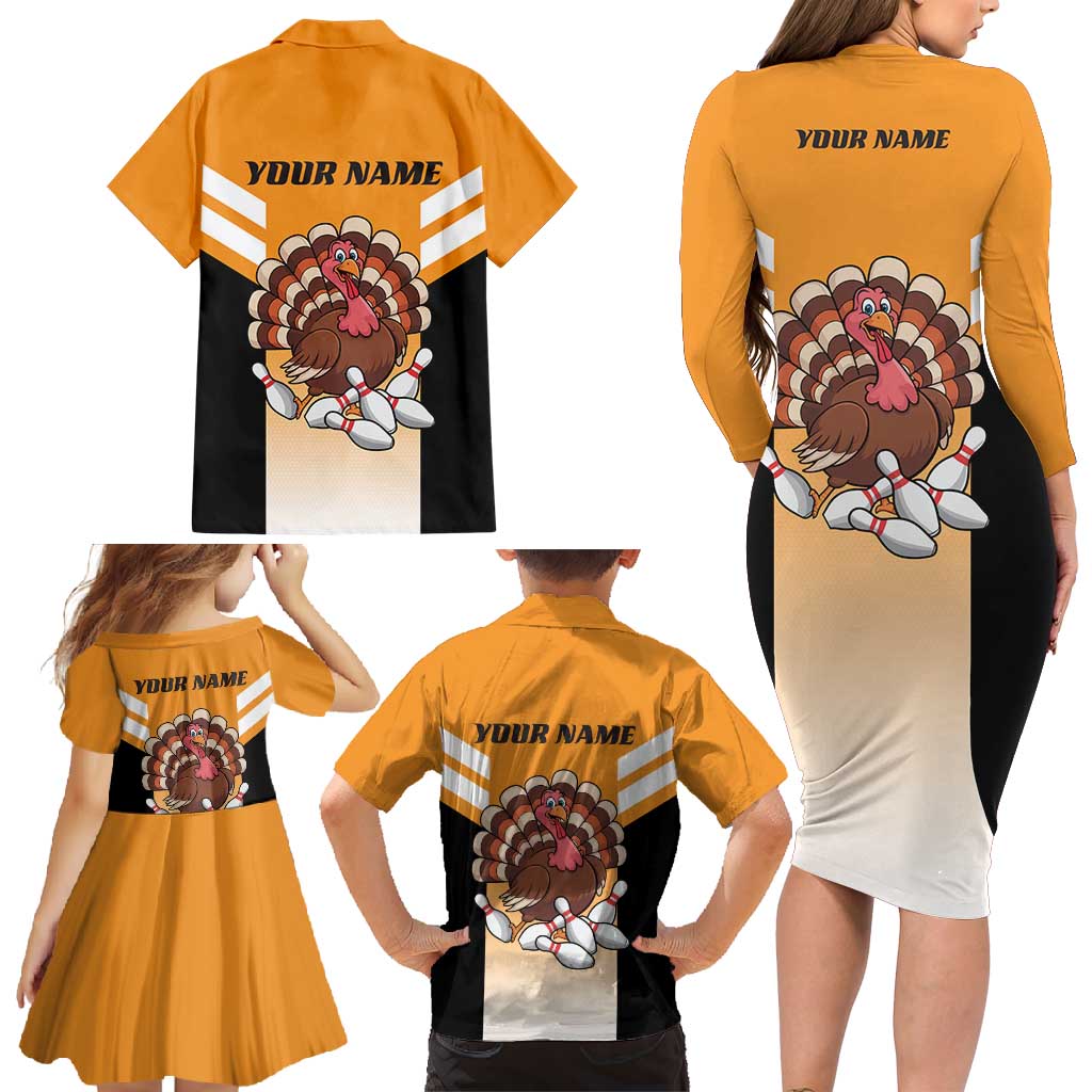 Personalized Funny Turkey Bowling Family Matching Long Sleeve Bodycon Dress and Hawaiian Shirt with Cartoon Pins Thanksgiving - Wonder Print Shop