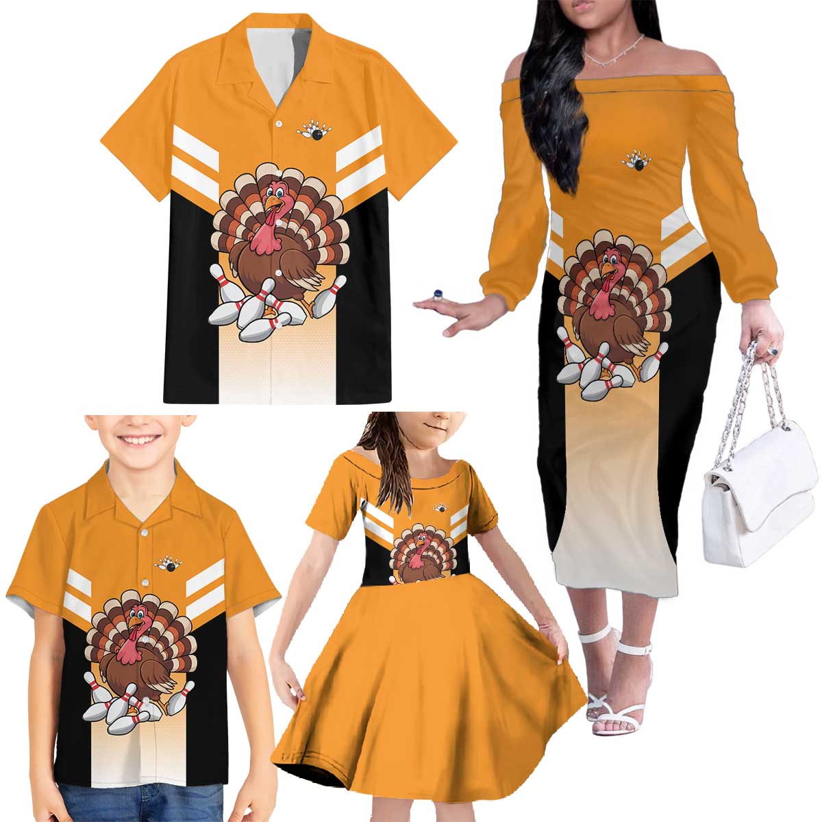 Personalized Funny Turkey Bowling Family Matching Off The Shoulder Long Sleeve Dress and Hawaiian Shirt with Cartoon Pins Thanksgiving - Wonder Print Shop