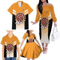 Personalized Funny Turkey Bowling Family Matching Off The Shoulder Long Sleeve Dress and Hawaiian Shirt with Cartoon Pins Thanksgiving - Wonder Print Shop