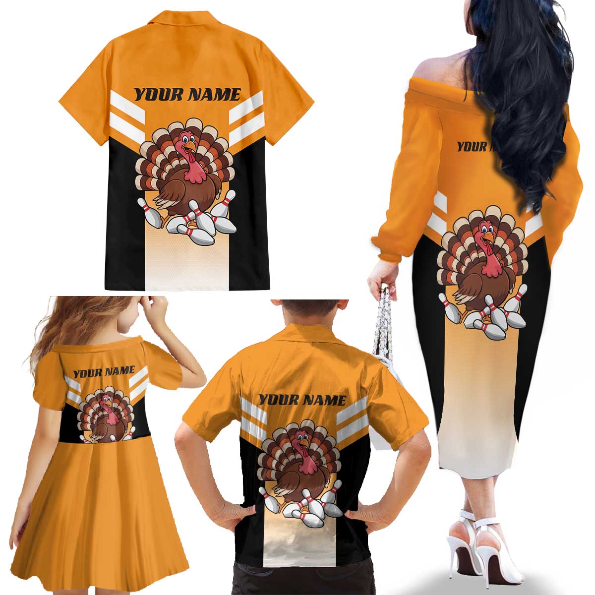 Personalized Funny Turkey Bowling Family Matching Off The Shoulder Long Sleeve Dress and Hawaiian Shirt with Cartoon Pins Thanksgiving - Wonder Print Shop
