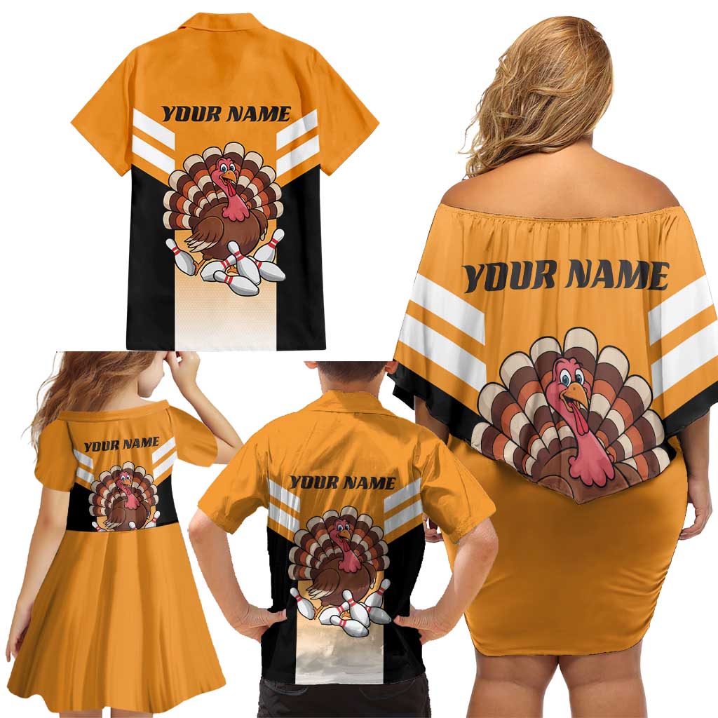 Personalized Funny Turkey Bowling Family Matching Off Shoulder Short Dress and Hawaiian Shirt with Cartoon Pins Thanksgiving - Wonder Print Shop
