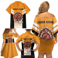 Personalized Funny Turkey Bowling Family Matching Off Shoulder Short Dress and Hawaiian Shirt with Cartoon Pins Thanksgiving - Wonder Print Shop