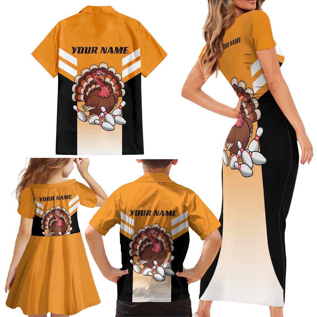 Personalized Funny Turkey Bowling Family Matching Short Sleeve Bodycon Dress and Hawaiian Shirt with Cartoon Pins Thanksgiving - Wonder Print Shop