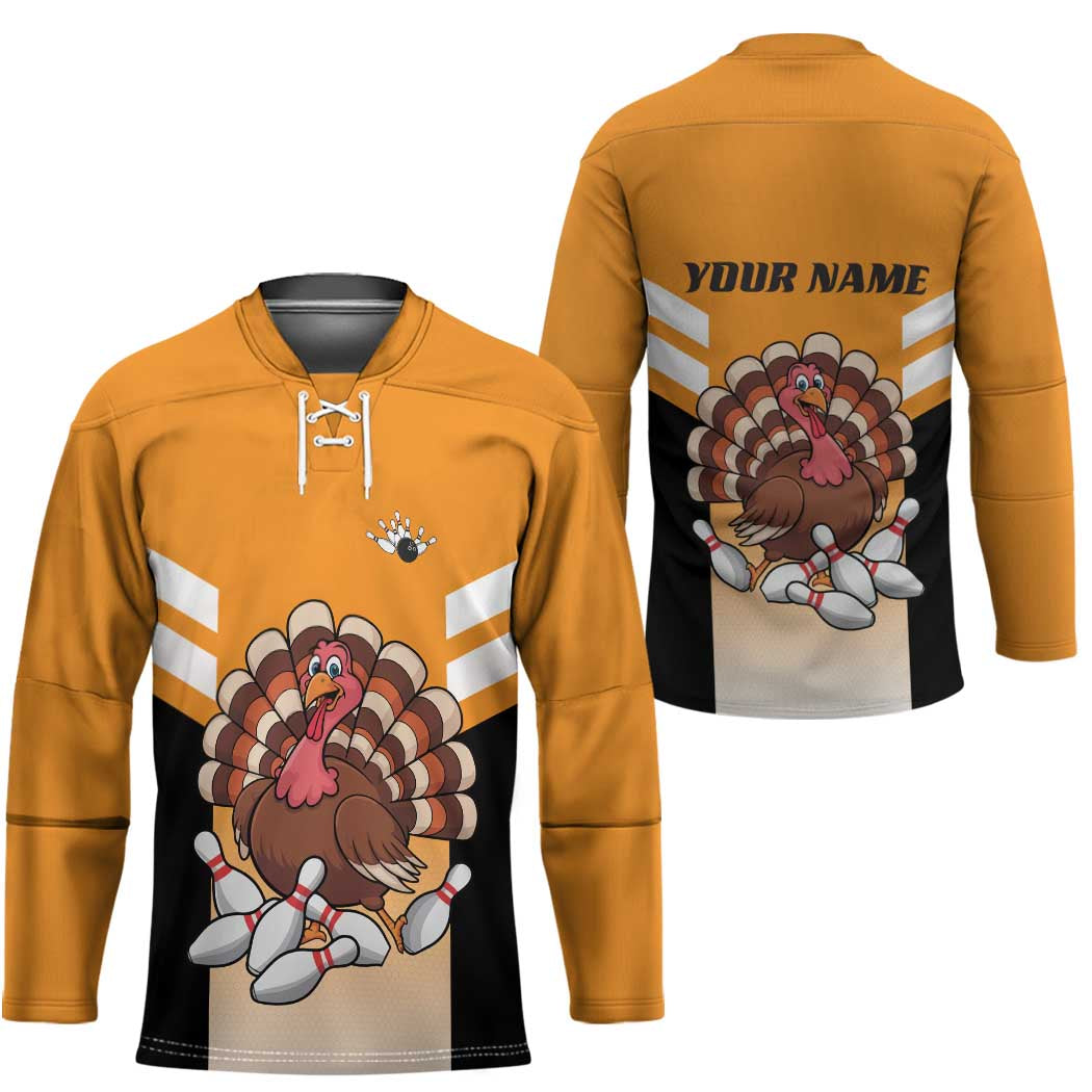 Personalized Funny Turkey Bowling Hockey Jersey with Cartoon Pins Thanksgiving - Wonder Print Shop