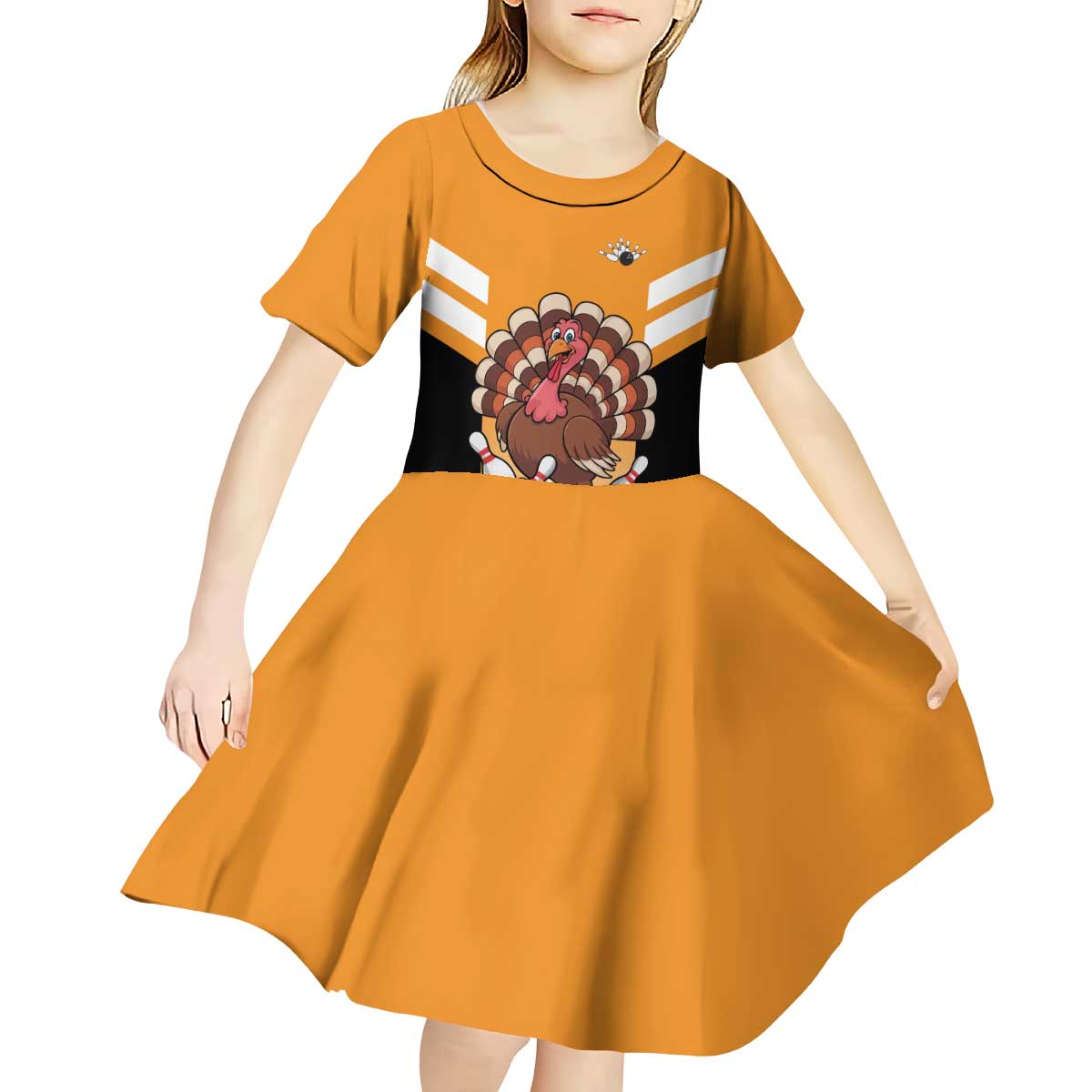 Personalized Funny Turkey Bowling Kid Short Sleeve Dress with Cartoon Pins Thanksgiving - Wonder Print Shop