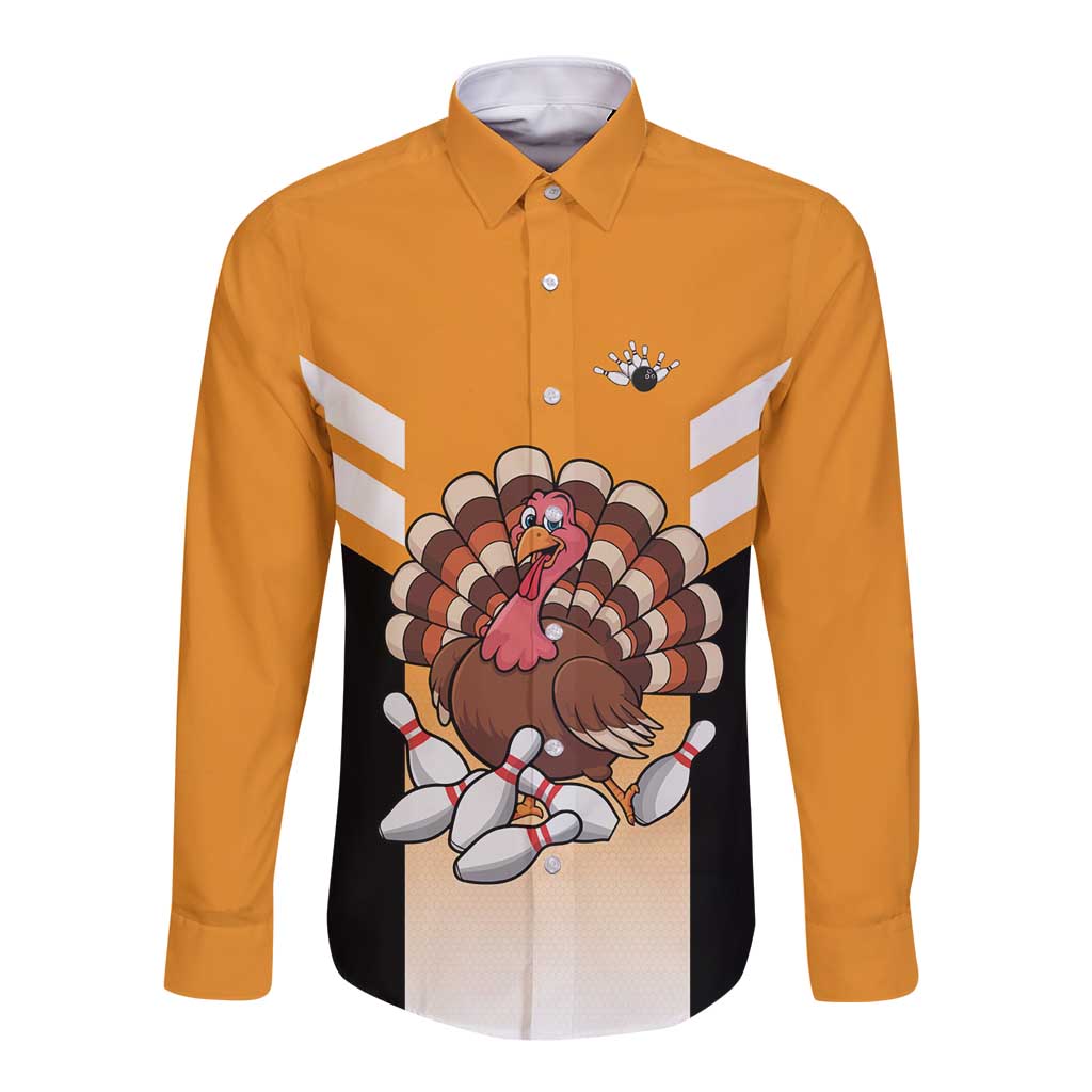 Personalized Funny Turkey Bowling Long Sleeve Button Shirt with Cartoon Pins Thanksgiving - Wonder Print Shop