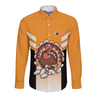 Personalized Funny Turkey Bowling Long Sleeve Button Shirt with Cartoon Pins Thanksgiving - Wonder Print Shop