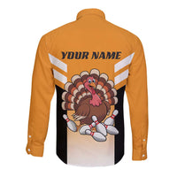Personalized Funny Turkey Bowling Long Sleeve Button Shirt with Cartoon Pins Thanksgiving - Wonder Print Shop