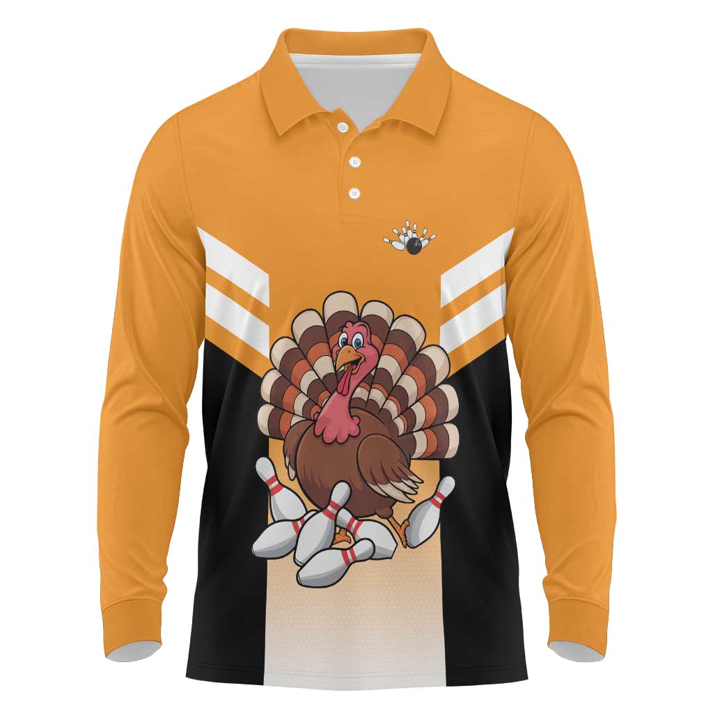 Personalized Funny Turkey Bowling Long Sleeve Polo Shirt with Cartoon Pins Thanksgiving - Wonder Print Shop