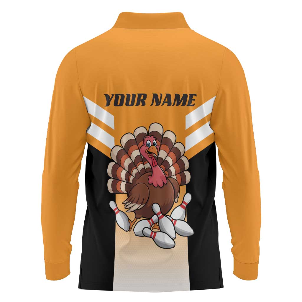 Personalized Funny Turkey Bowling Long Sleeve Polo Shirt with Cartoon Pins Thanksgiving - Wonder Print Shop
