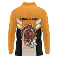 Personalized Funny Turkey Bowling Long Sleeve Polo Shirt with Cartoon Pins Thanksgiving - Wonder Print Shop