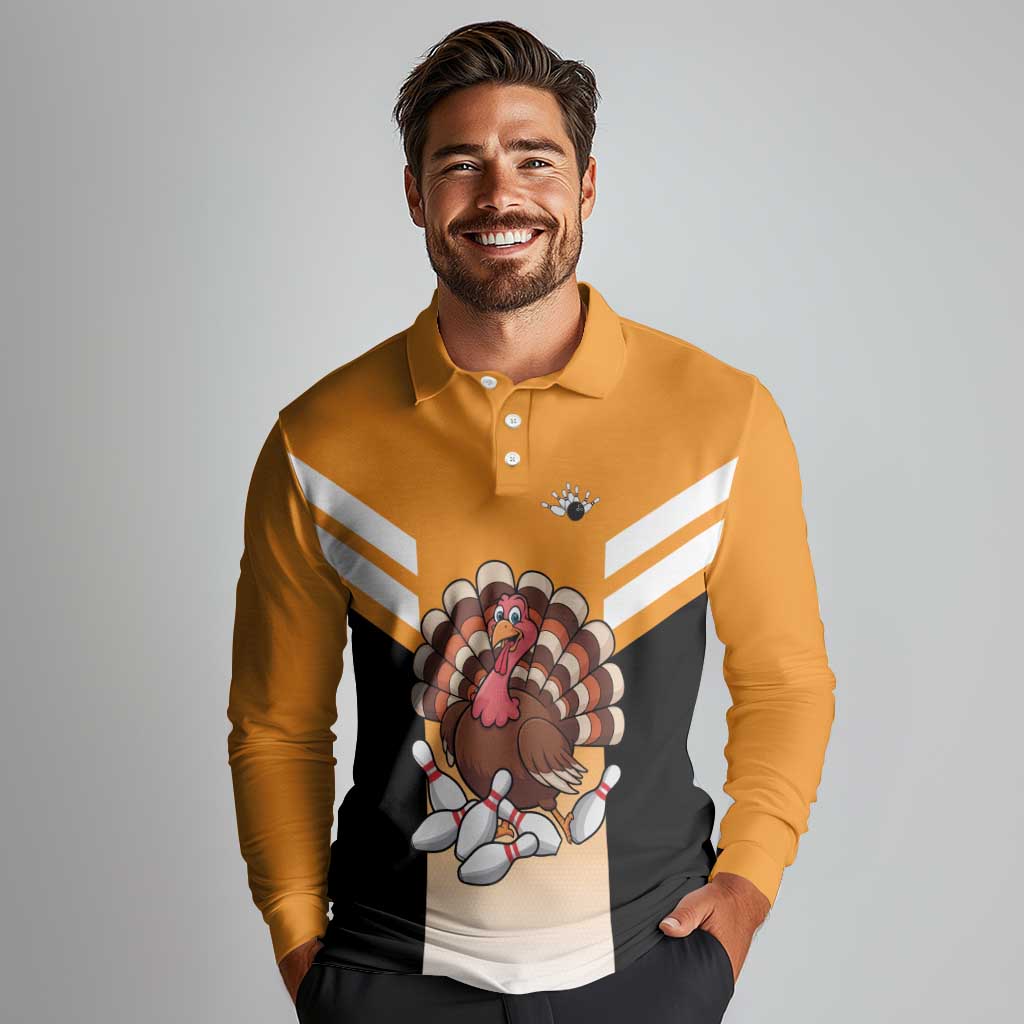 Personalized Funny Turkey Bowling Long Sleeve Polo Shirt with Cartoon Pins Thanksgiving - Wonder Print Shop