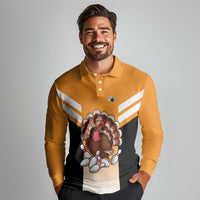 Personalized Funny Turkey Bowling Long Sleeve Polo Shirt with Cartoon Pins Thanksgiving - Wonder Print Shop