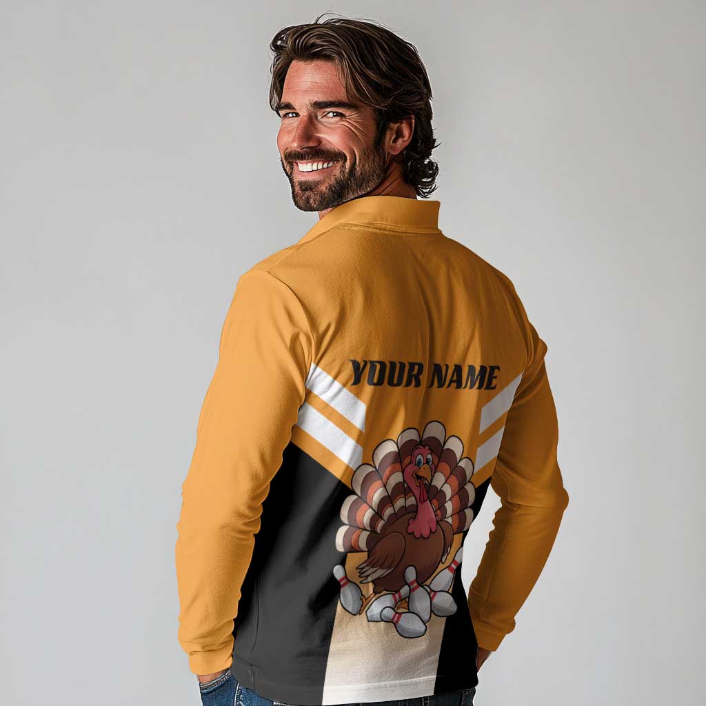Personalized Funny Turkey Bowling Long Sleeve Polo Shirt with Cartoon Pins Thanksgiving - Wonder Print Shop