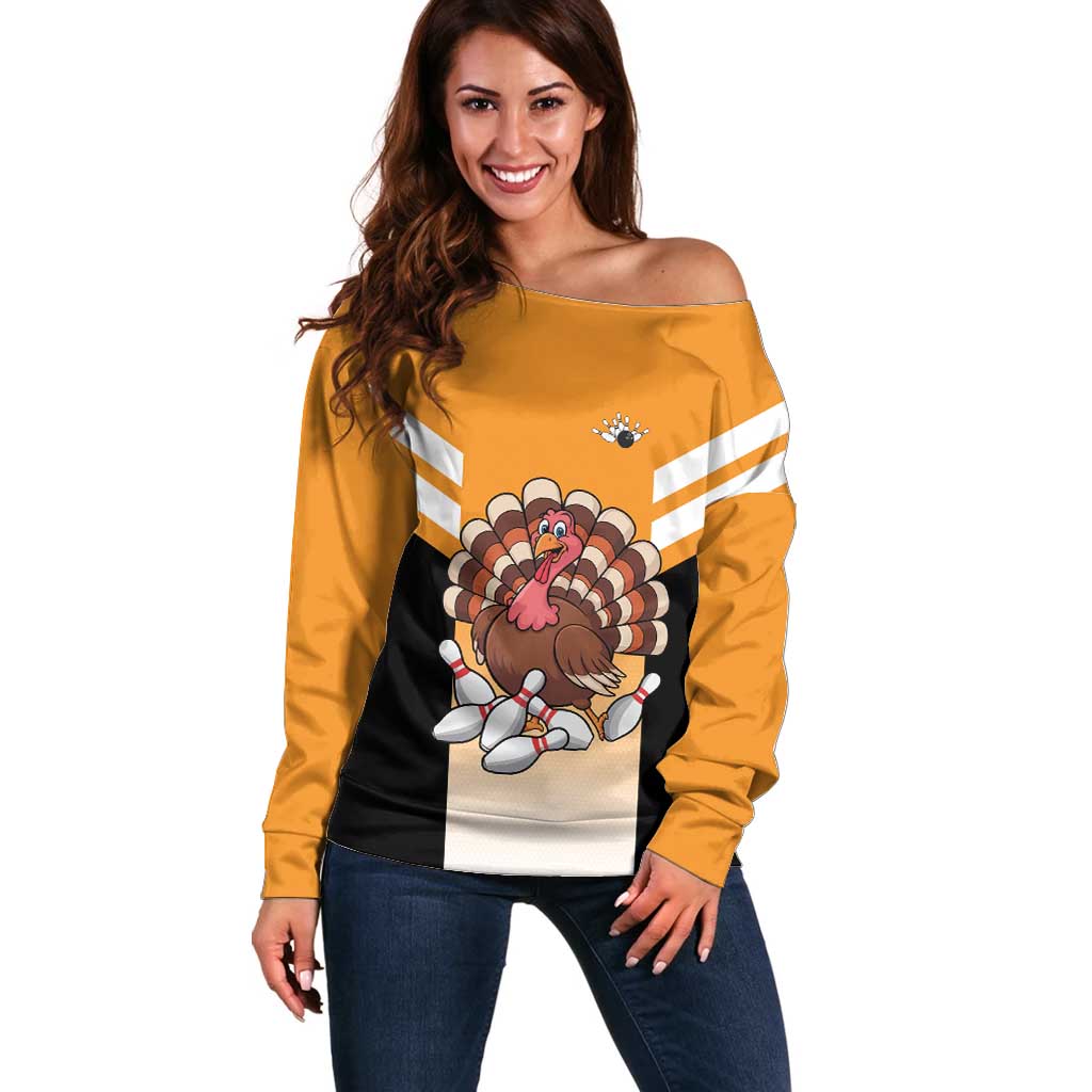 Personalized Funny Turkey Bowling Off Shoulder Sweater with Cartoon Pins Thanksgiving - Wonder Print Shop