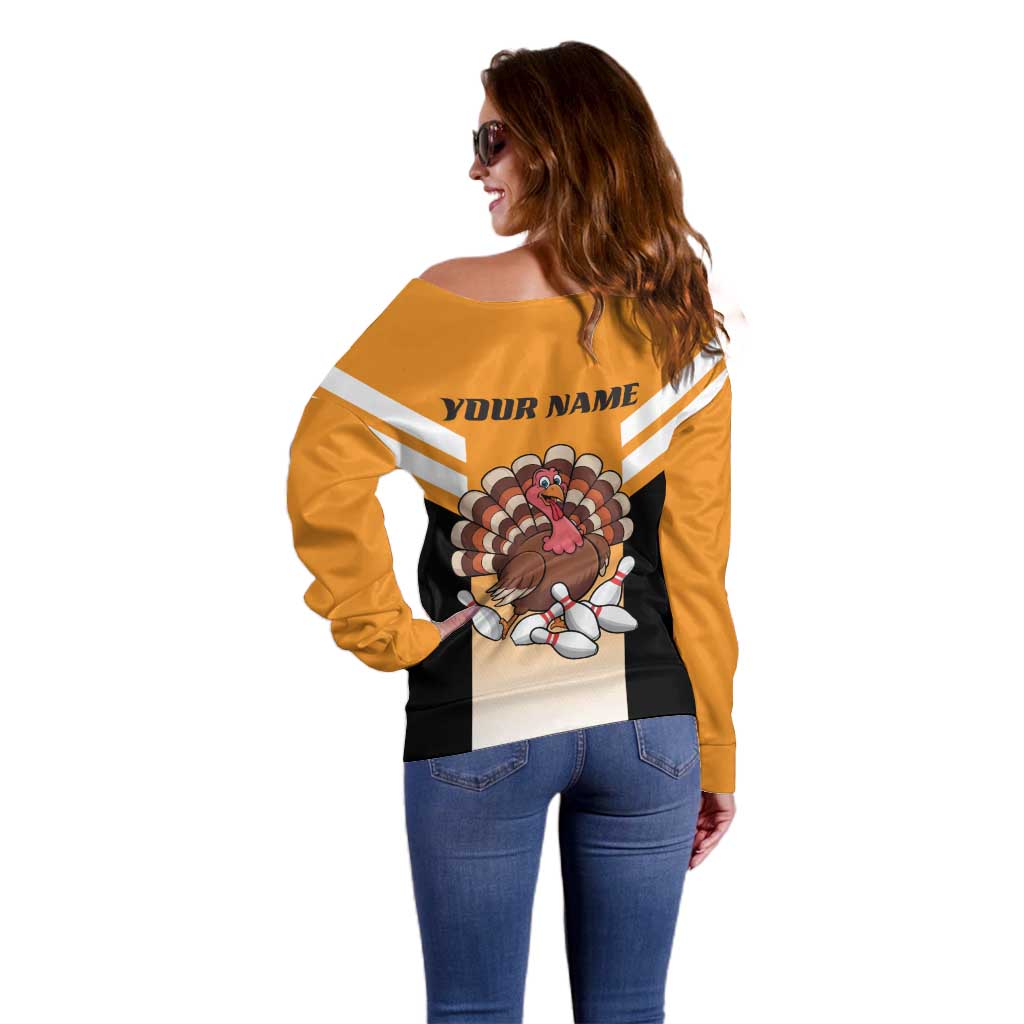 Personalized Funny Turkey Bowling Off Shoulder Sweater with Cartoon Pins Thanksgiving - Wonder Print Shop