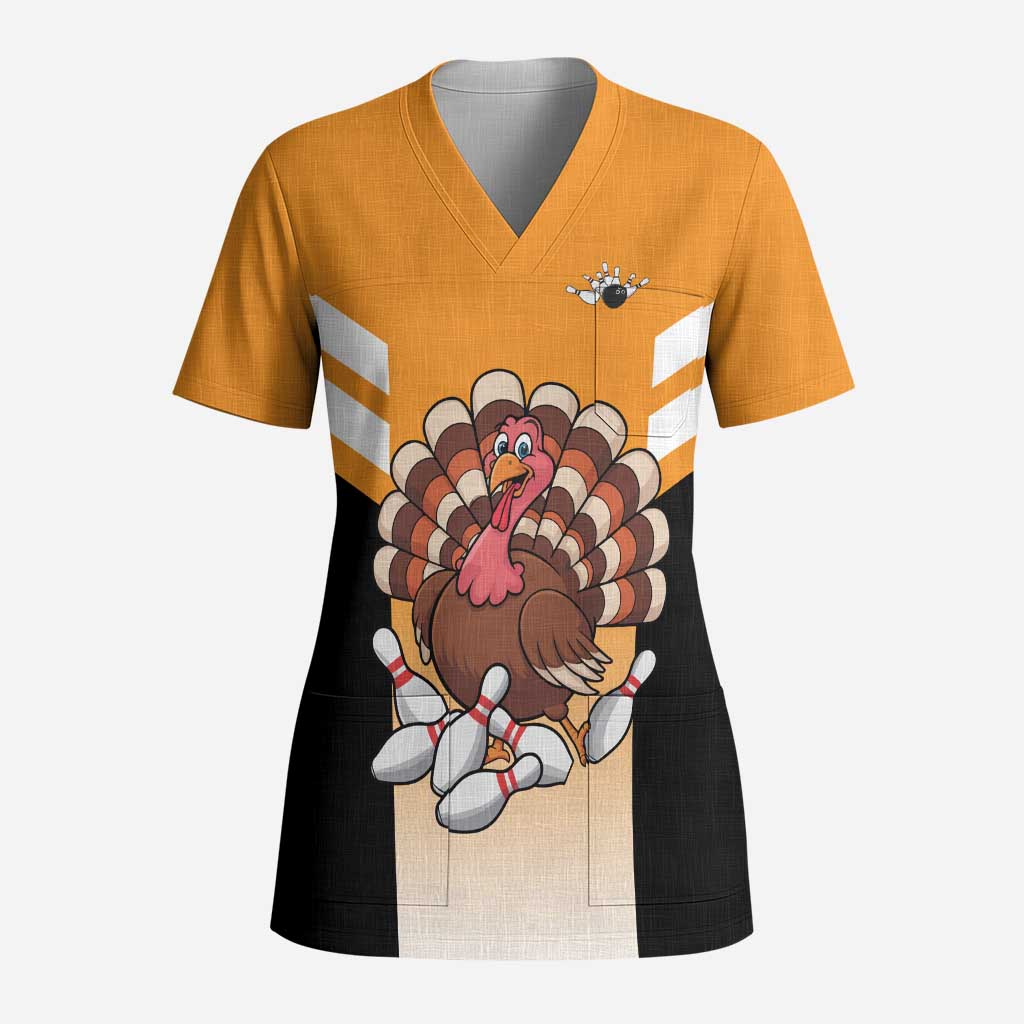 Personalized Funny Turkey Bowling Scrub Top with Cartoon Pins Thanksgiving - Wonder Print Shop