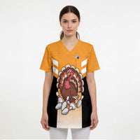 Personalized Funny Turkey Bowling Scrub Top with Cartoon Pins Thanksgiving - Wonder Print Shop