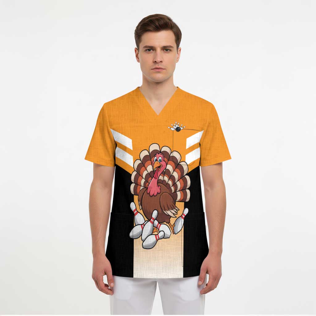 Personalized Funny Turkey Bowling Scrub Top with Cartoon Pins Thanksgiving - Wonder Print Shop
