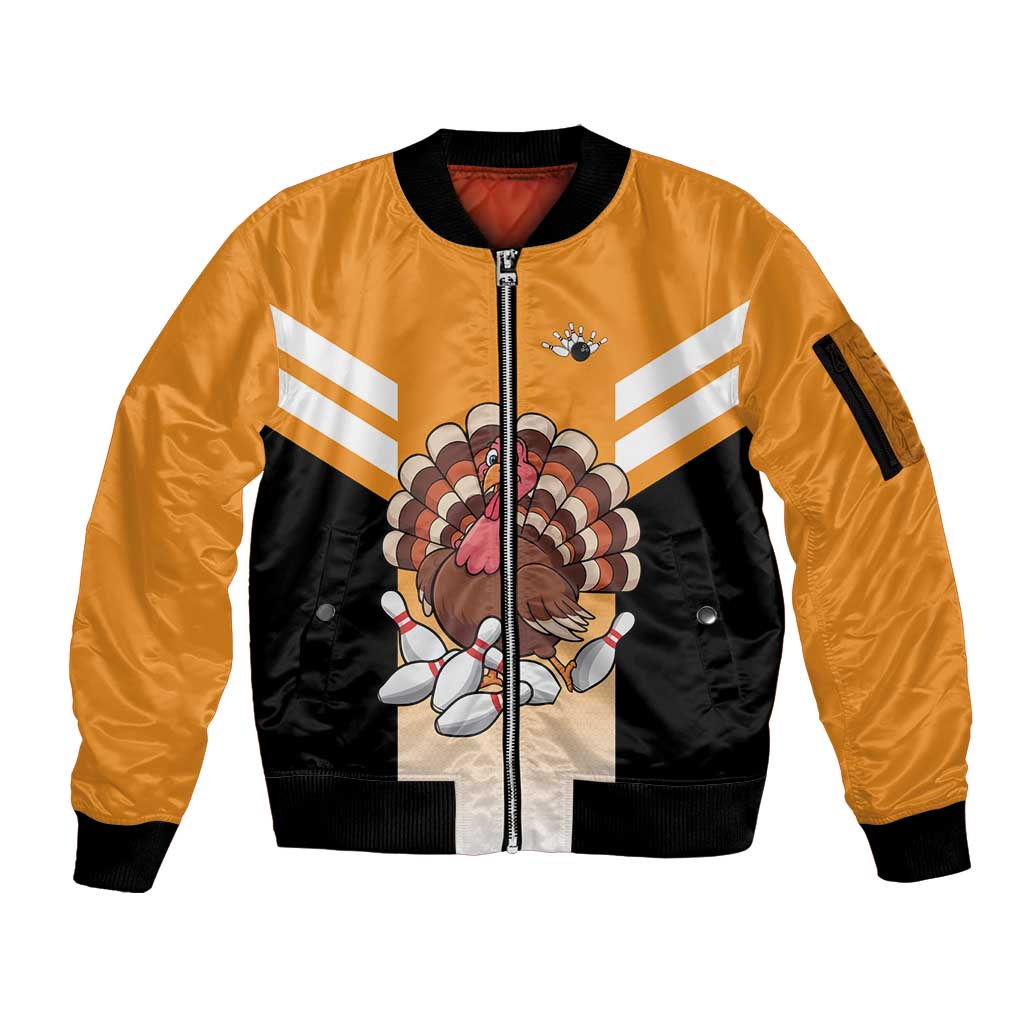 Personalized Funny Turkey Bowling Sleeve Zip Bomber Jacket with Cartoon Pins Thanksgiving - Wonder Print Shop