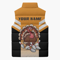 Personalized Funny Turkey Bowling Sleeveless Puffer Jacket with Cartoon Pins Thanksgiving - Wonder Print Shop