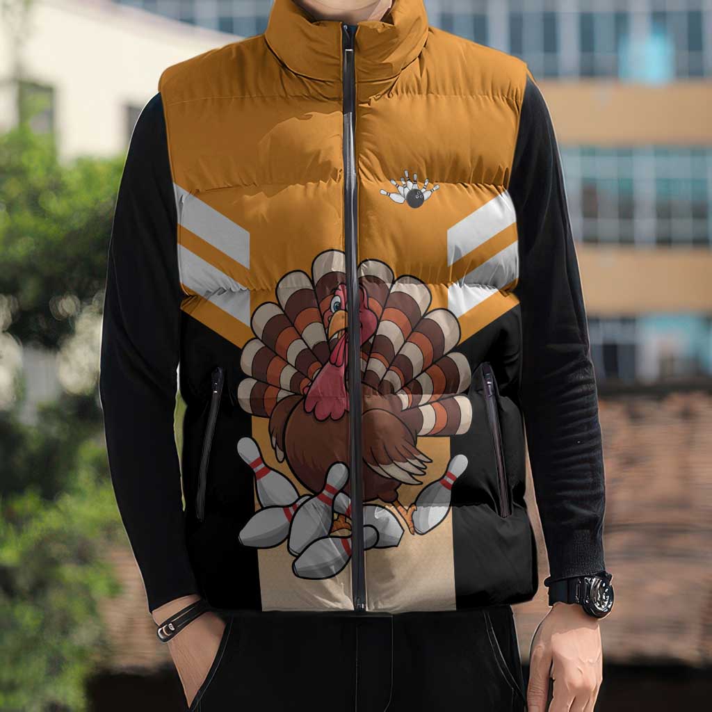 Personalized Funny Turkey Bowling Sleeveless Puffer Jacket with Cartoon Pins Thanksgiving - Wonder Print Shop