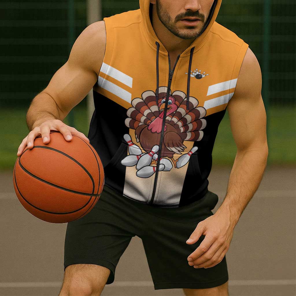 Personalized Funny Turkey Bowling Sleeveless Zip Hoodie with Cartoon Pins Thanksgiving - Wonder Print Shop