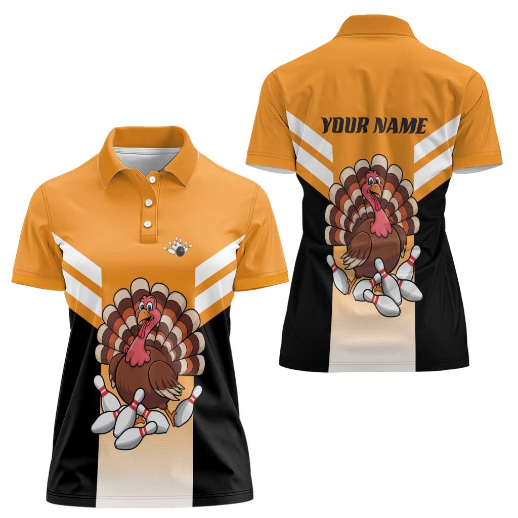 Personalized Funny Turkey Bowling Women Polo Shirt with Cartoon Pins Thanksgiving - Wonder Print Shop