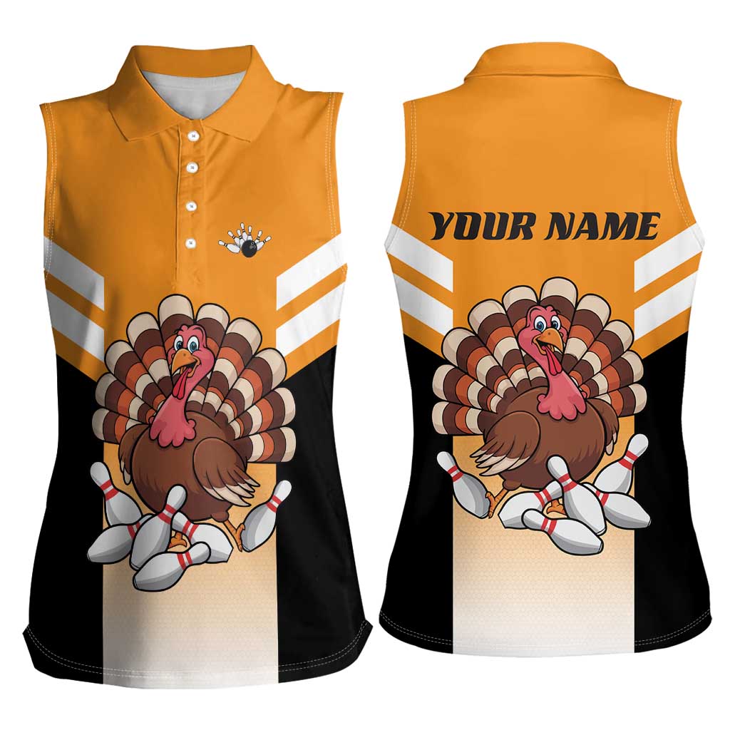 Personalized Funny Turkey Bowling Women Sleeveless Polo Shirt with Cartoon Pins Thanksgiving - Wonder Print Shop