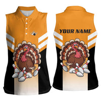 Personalized Funny Turkey Bowling Women Sleeveless Polo Shirt with Cartoon Pins Thanksgiving - Wonder Print Shop