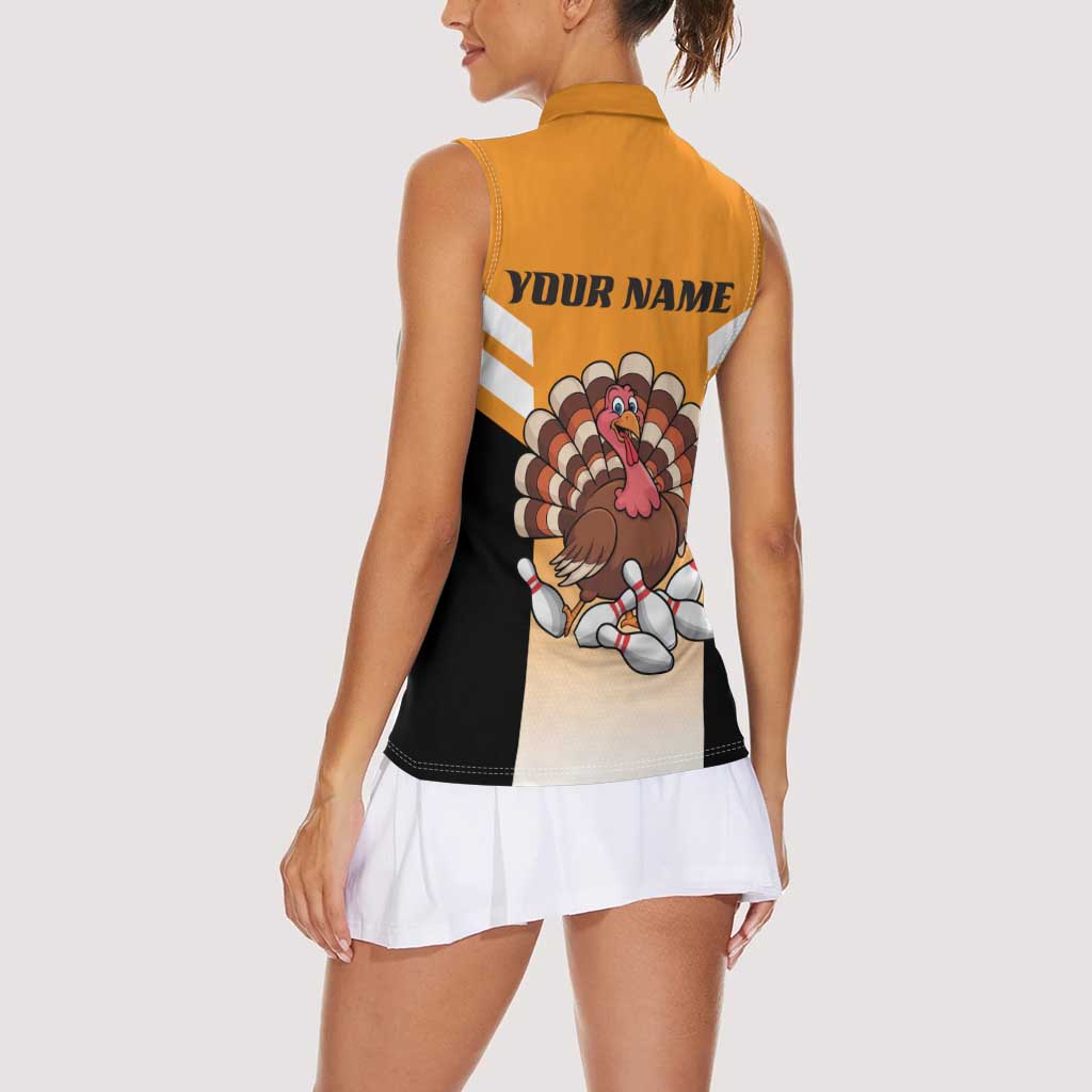 Personalized Funny Turkey Bowling Women Sleeveless Polo Shirt with Cartoon Pins Thanksgiving - Wonder Print Shop