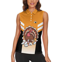 Personalized Funny Turkey Bowling Women Sleeveless Polo Shirt with Cartoon Pins Thanksgiving - Wonder Print Shop