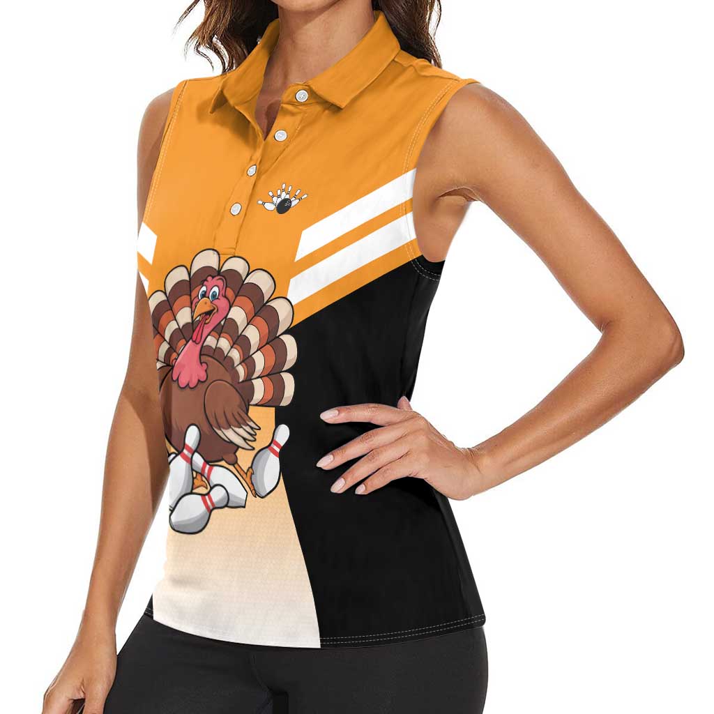 Personalized Funny Turkey Bowling Women Sleeveless Polo Shirt with Cartoon Pins Thanksgiving - Wonder Print Shop