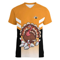 Personalized Funny Turkey Bowling Women V-Neck T-Shirt with Cartoon Pins Thanksgiving - Wonder Print Shop
