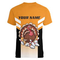 Personalized Funny Turkey Bowling Women V-Neck T-Shirt with Cartoon Pins Thanksgiving - Wonder Print Shop
