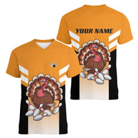 Personalized Funny Turkey Bowling Women V-Neck T-Shirt with Cartoon Pins Thanksgiving - Wonder Print Shop
