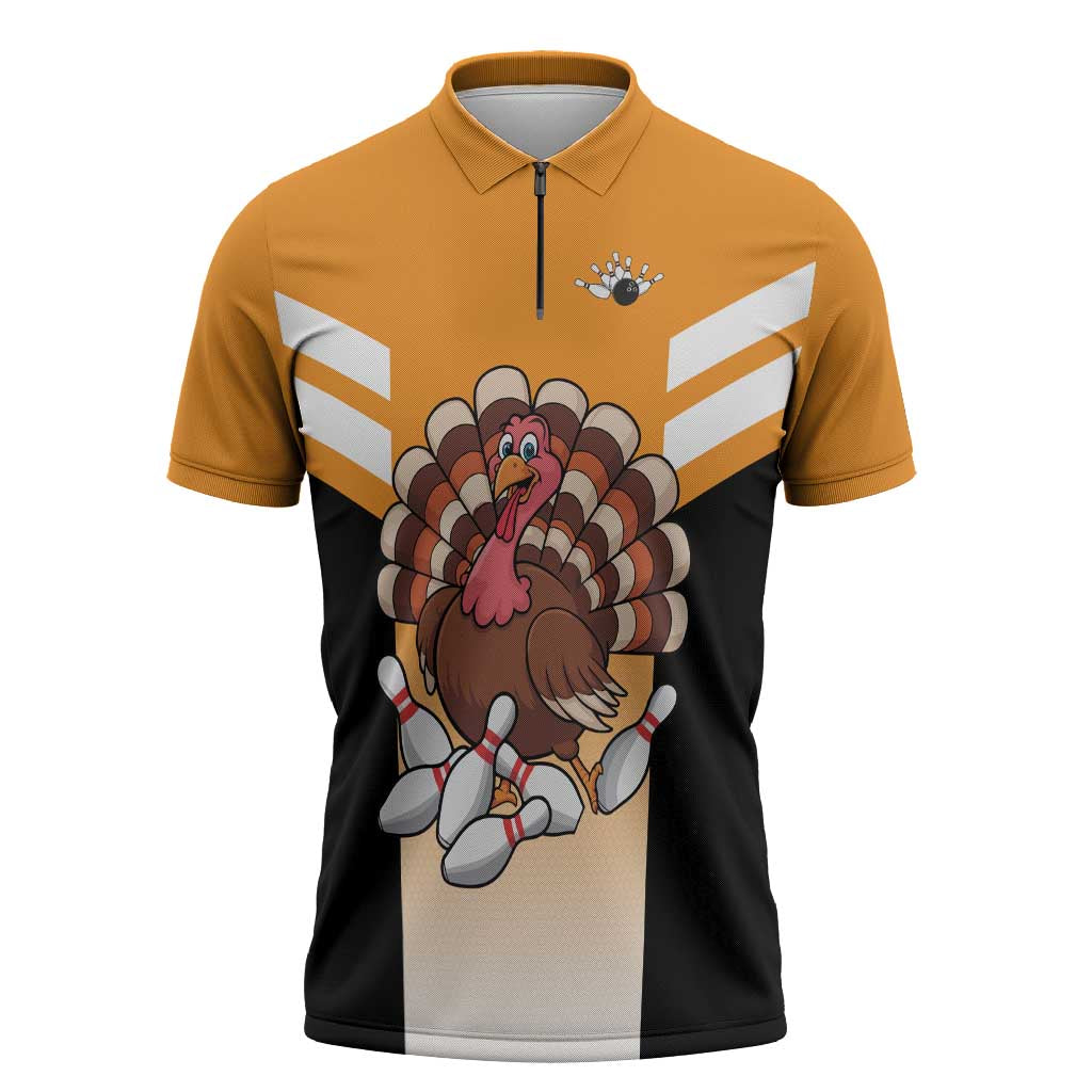 Personalized Funny Turkey Bowling Zipper Polo Shirt with Cartoon Pins Thanksgiving - Wonder Print Shop
