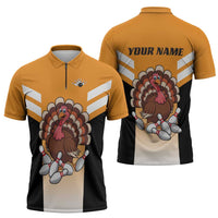 Personalized Funny Turkey Bowling Zipper Polo Shirt with Cartoon Pins Thanksgiving - Wonder Print Shop