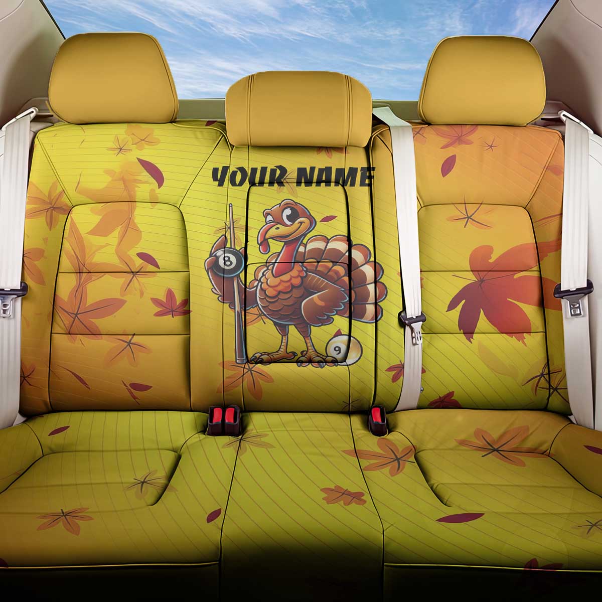Personalized Funny Turkey Billiards Back Car Seat Cover with Pool Cue and Balls Thanksgiving Design - Wonder Print Shop