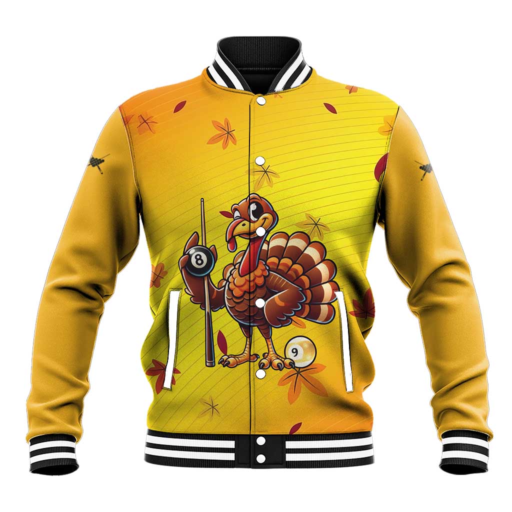 Personalized Funny Turkey Billiards Baseball Jacket with Pool Cue and Balls Thanksgiving Design - Wonder Print Shop